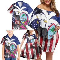 United States Guam Family Matching Off Shoulder Short Dress and Hawaiian Shirt USA Eagle Guahan Seal Bougainvillea - Polynesian Pride