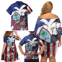 United States Guam Family Matching Off Shoulder Short Dress and Hawaiian Shirt USA Eagle Guahan Seal Bougainvillea - Polynesian Pride