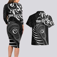 Personalised New Zealand Silver Fern Lacrosse Couples Matching Long Sleeve Bodycon Dress and Hawaiian Shirt Aotearoa Maori Pattern