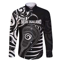 Personalised New Zealand Silver Fern Lacrosse Family Matching Long Sleeve Bodycon Dress and Hawaiian Shirt Aotearoa Maori Pattern LT14 Dad's Shirt - Long Sleeve Black - Polynesian Pride