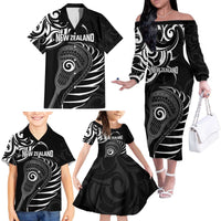 Personalised New Zealand Silver Fern Lacrosse Family Matching Off The Shoulder Long Sleeve Dress and Hawaiian Shirt Aotearoa Maori Pattern