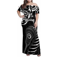 Personalised New Zealand Silver Fern Lacrosse Family Matching Off Shoulder Maxi Dress and Hawaiian Shirt Aotearoa Maori Pattern