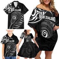Personalised New Zealand Silver Fern Lacrosse Family Matching Off Shoulder Short Dress and Hawaiian Shirt Aotearoa Maori Pattern