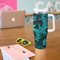 Polynesian Tumbler With Handle Turquoise Hawaiian Tribal Hammerhead Shark