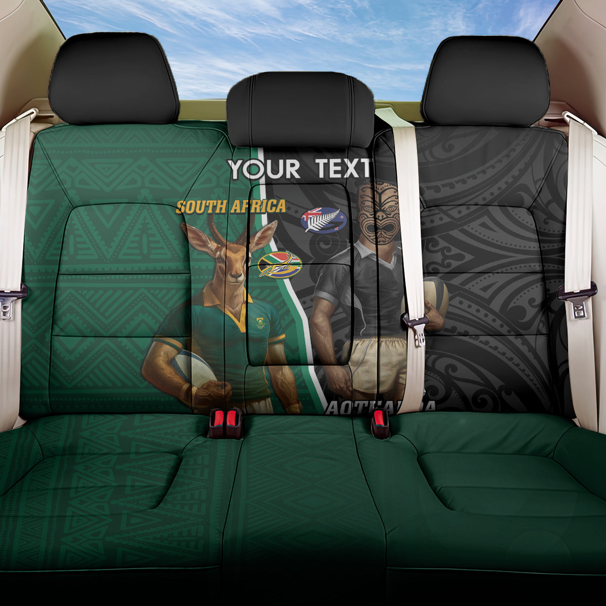 Personalised New Zealand And South Africa Rugby Back Car Seat Cover 2024 All Black Springboks Mascots Together