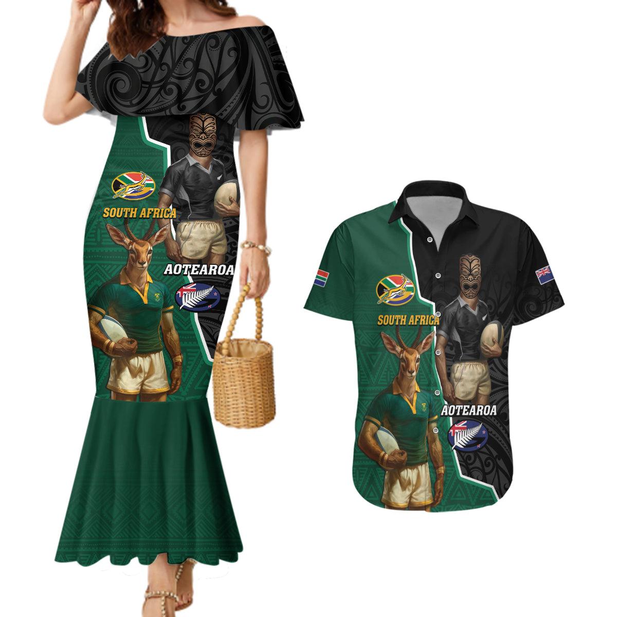 Personalised New Zealand And South Africa Rugby Couples Matching Mermaid Dress and Hawaiian Shirt 2024 All Black Springboks Mascots Together