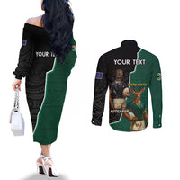 Personalised New Zealand And South Africa Rugby Couples Matching Off The Shoulder Long Sleeve Dress and Long Sleeve Button Shirt 2024 All Black Springboks Mascots Together