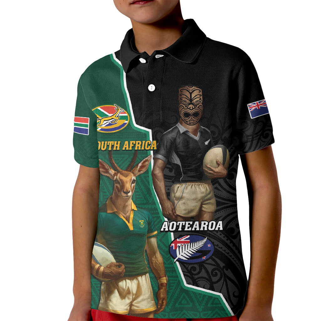 Personalised New Zealand And South Africa Rugby Kid Polo Shirt 2024 All Black Springboks Mascots Together