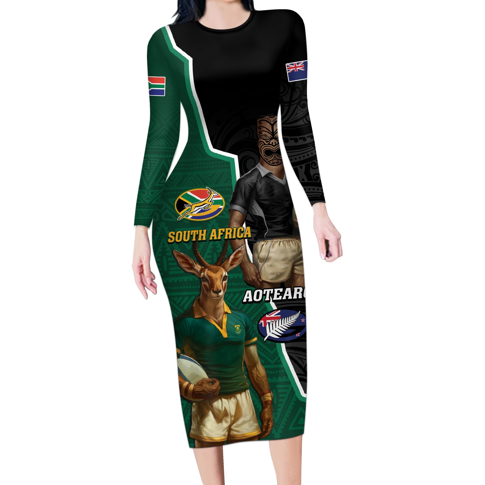 Personalised New Zealand And South Africa Rugby Long Sleeve Bodycon Dress 2024 All Black Springboks Mascots Together