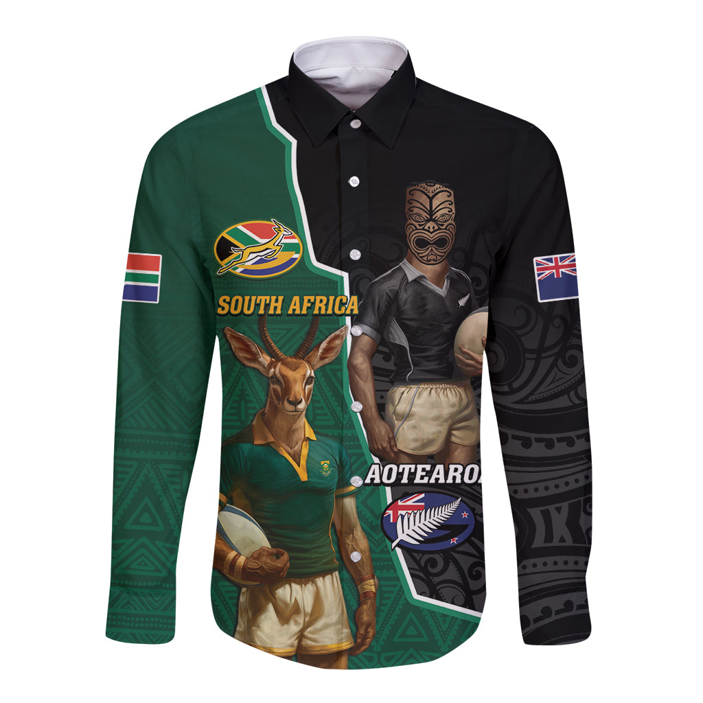 Personalised New Zealand And South Africa Rugby Long Sleeve Button Shirt 2024 All Black Springboks Mascots Together