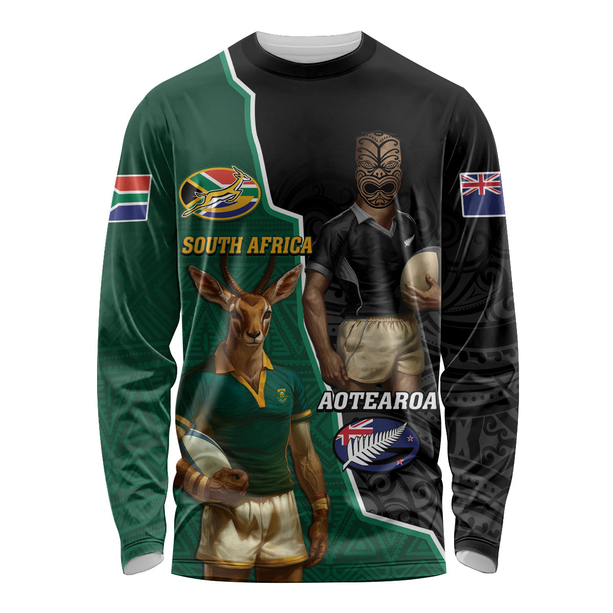 Personalised New Zealand And South Africa Rugby Long Sleeve Shirt 2024 All Black Springboks Mascots Together