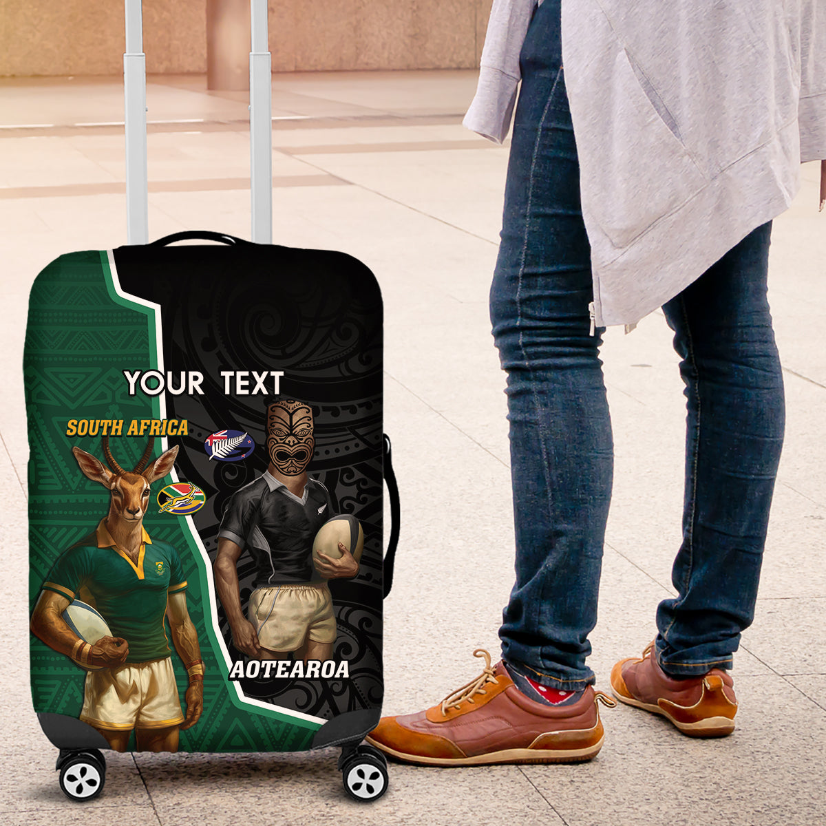 Personalised New Zealand And South Africa Rugby Luggage Cover 2024 All Black Springboks Mascots Together