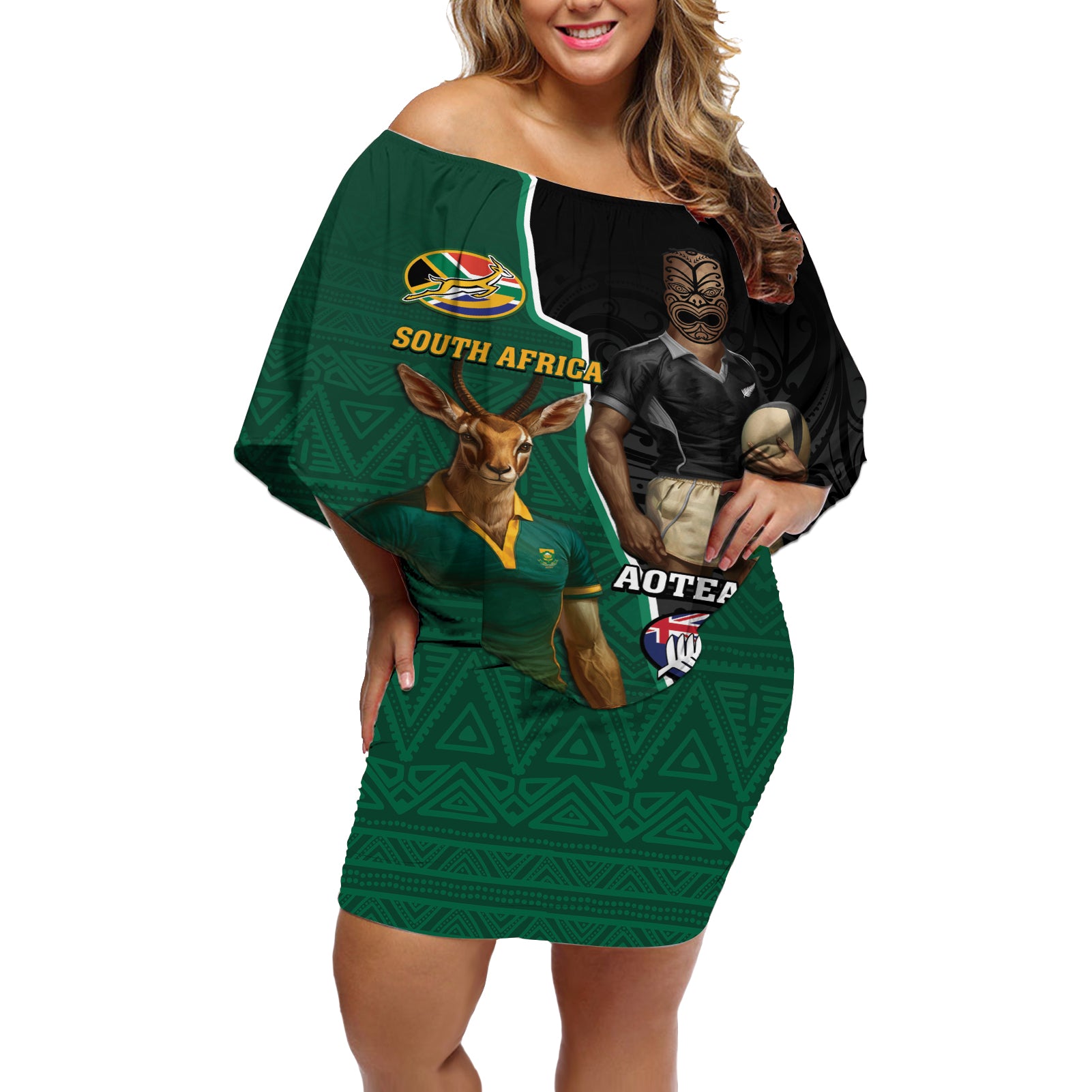 Personalised New Zealand And South Africa Rugby Off Shoulder Short Dress 2024 All Black Springboks Mascots Together