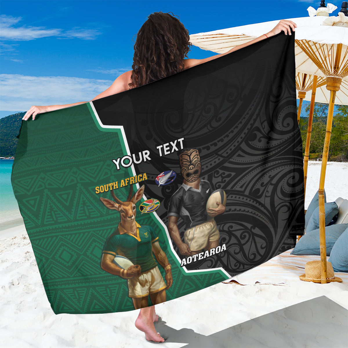 Personalised New Zealand And South Africa Rugby Sarong 2024 All Black Springboks Mascots Together