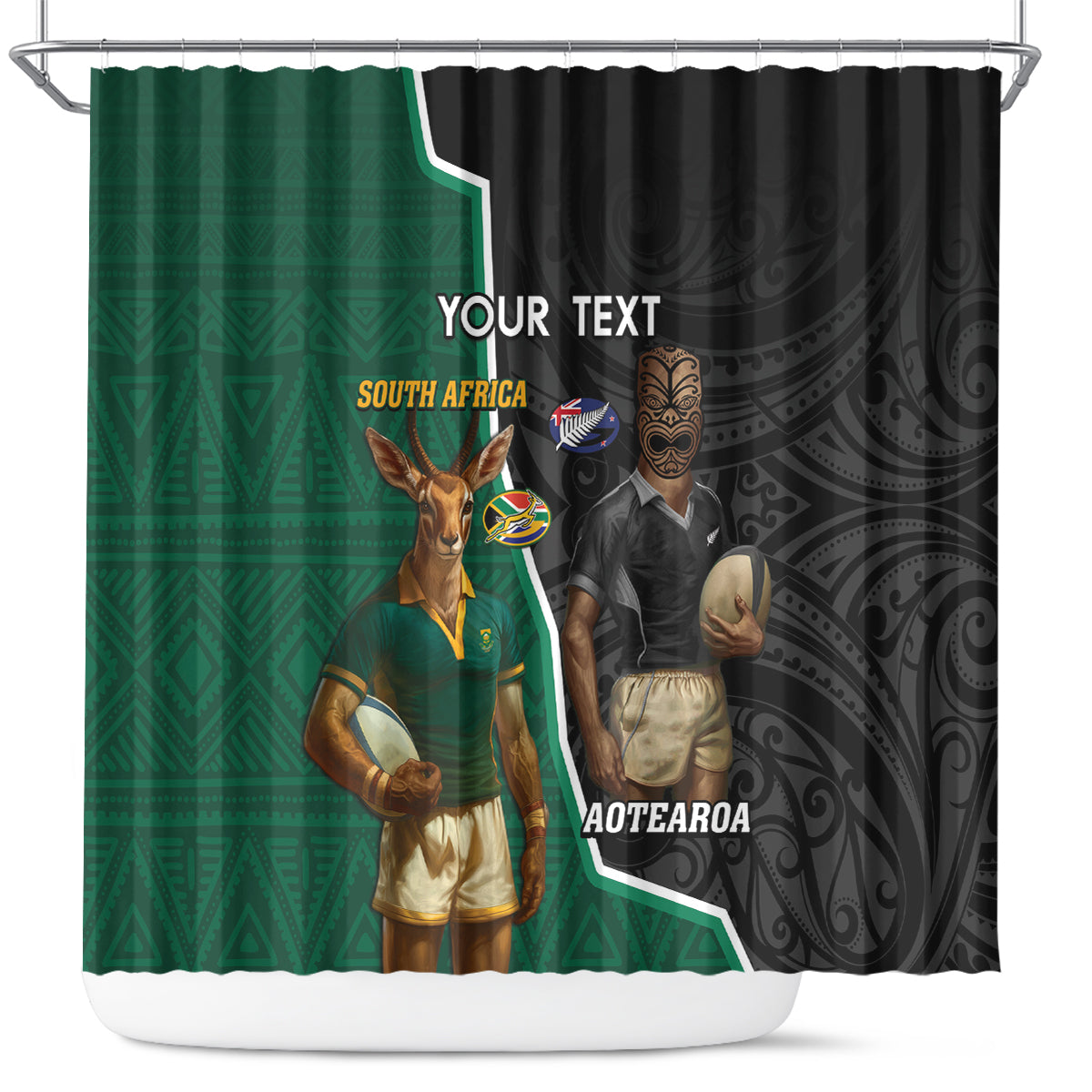 Personalised New Zealand And South Africa Rugby Shower Curtain 2024 All Black Springboks Mascots Together