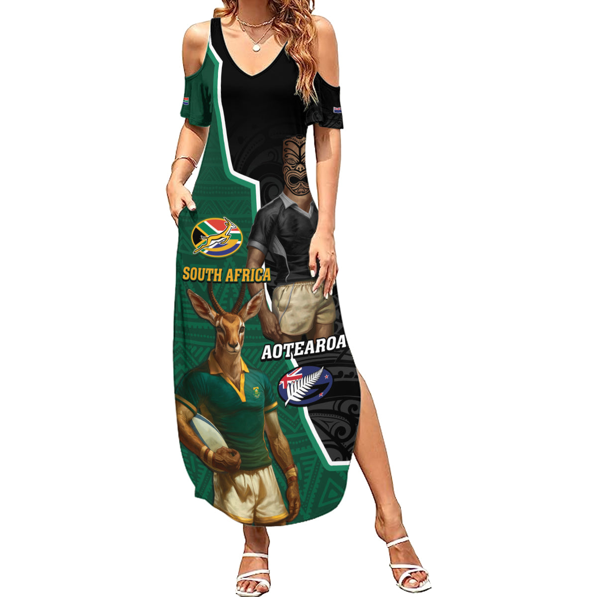 Personalised New Zealand And South Africa Rugby Summer Maxi Dress 2024 All Black Springboks Mascots Together