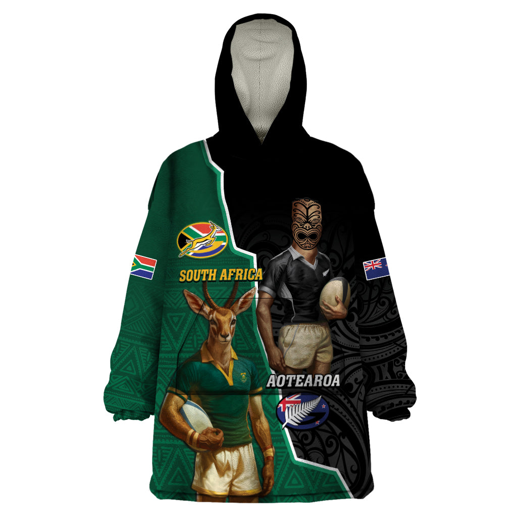 Personalised New Zealand And South Africa Rugby Wearable Blanket Hoodie 2024 All Black Springboks Mascots Together