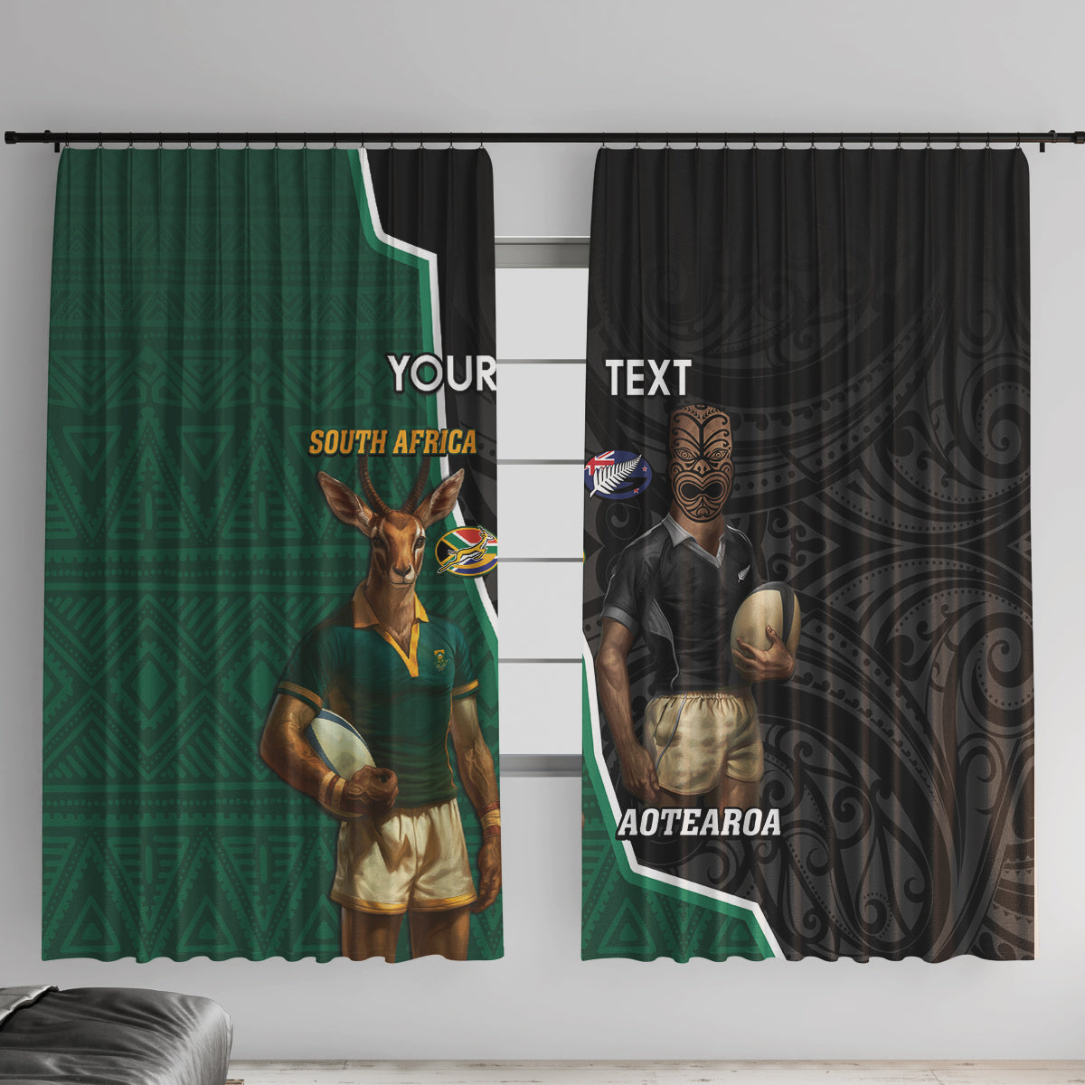 Personalised New Zealand And South Africa Rugby Window Curtain 2024 All Black Springboks Mascots Together