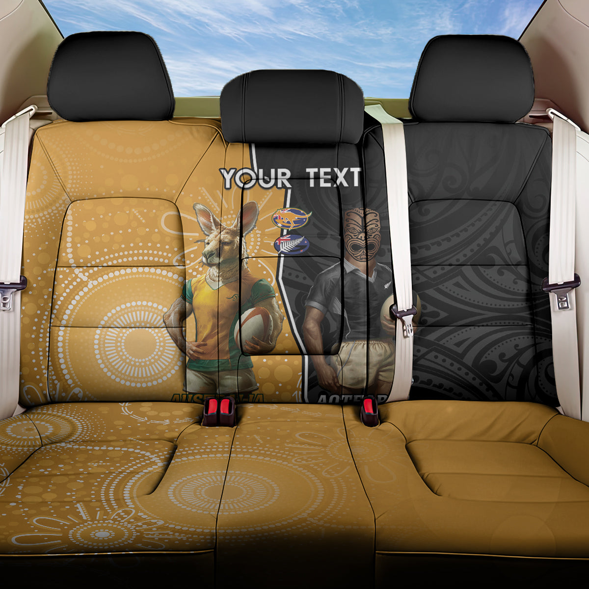 Personalised New Zealand And Australia Rugby Back Car Seat Cover 2024 All Black Wallabies Mascots Together