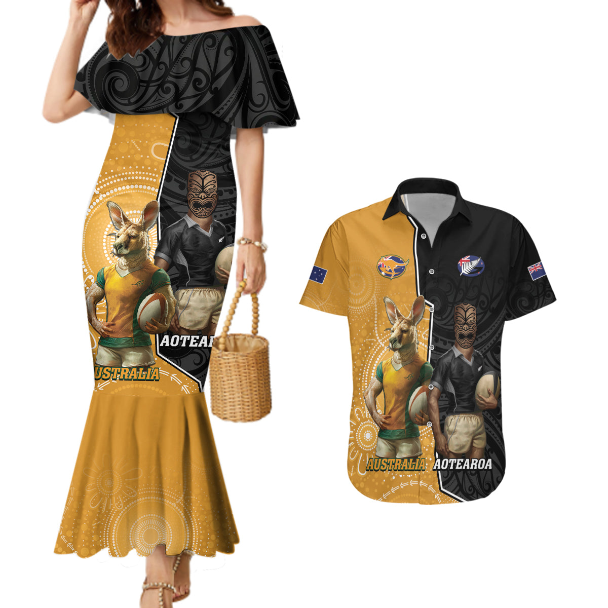 Personalised New Zealand And Australia Rugby Couples Matching Mermaid Dress and Hawaiian Shirt 2024 All Black Wallabies Mascots Together