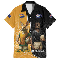 Personalised New Zealand And Australia Rugby Family Matching Short Sleeve Bodycon Dress and Hawaiian Shirt 2024 All Black Wallabies Mascots Together