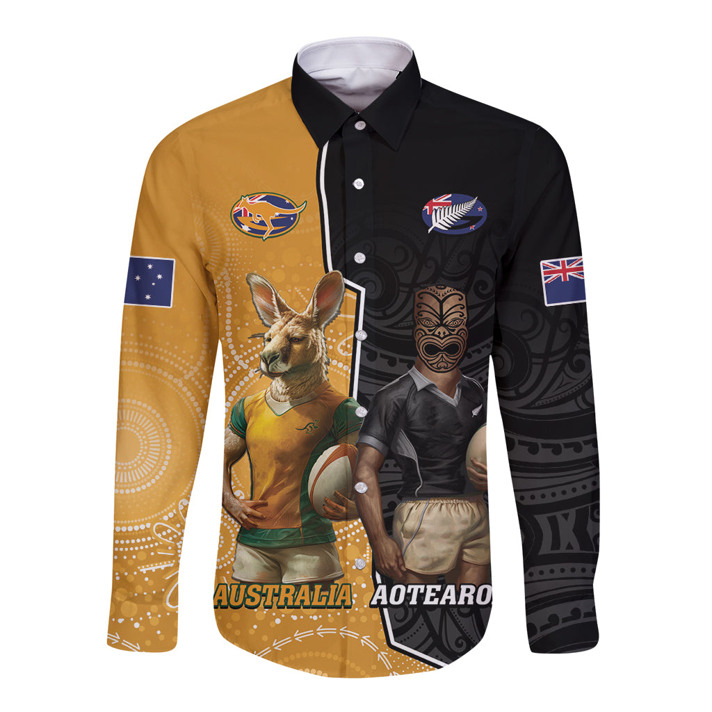 Personalised New Zealand And Australia Rugby Long Sleeve Button Shirt 2024 All Black Wallabies Mascots Together