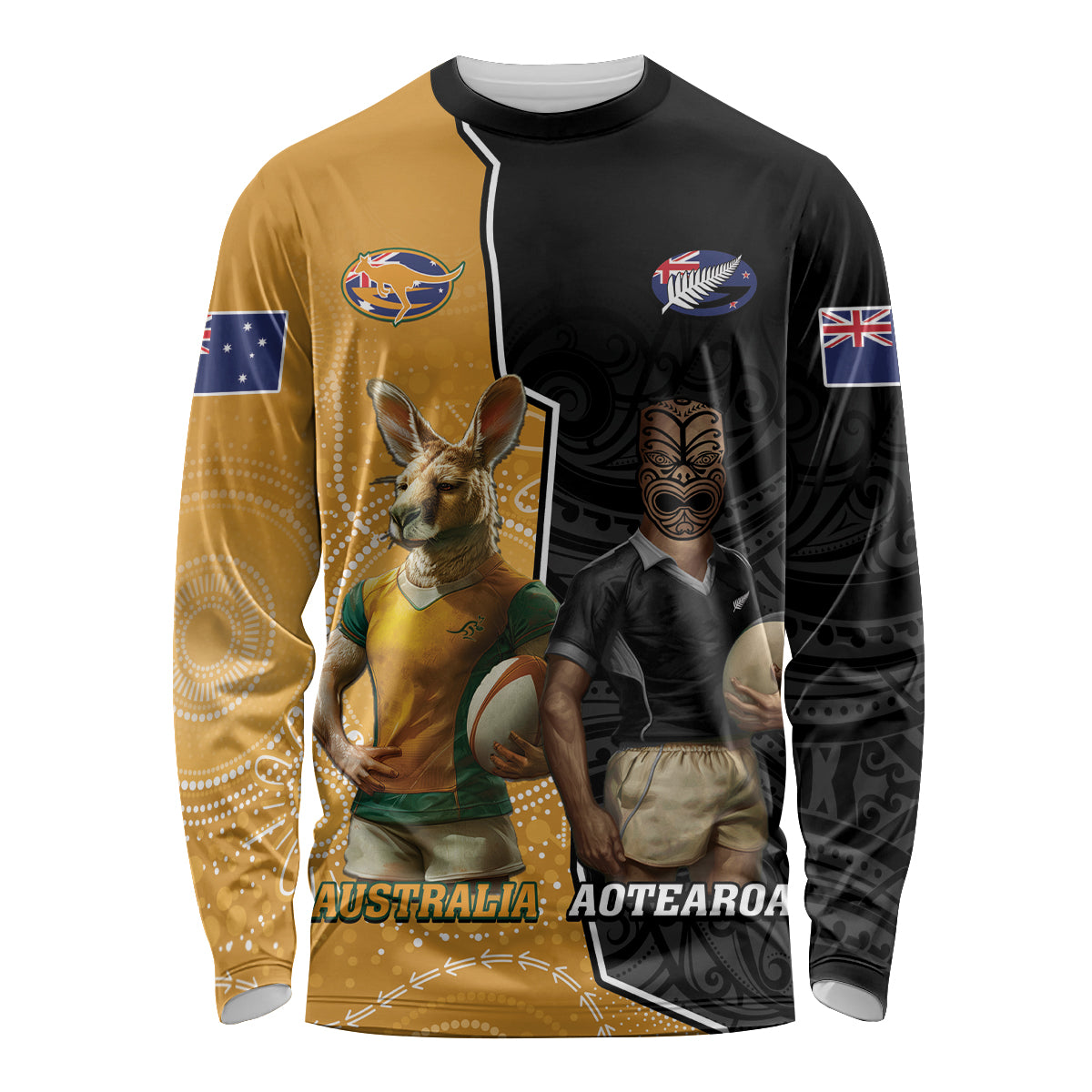 Personalised New Zealand And Australia Rugby Long Sleeve Shirt 2024 All Black Wallabies Mascots Together