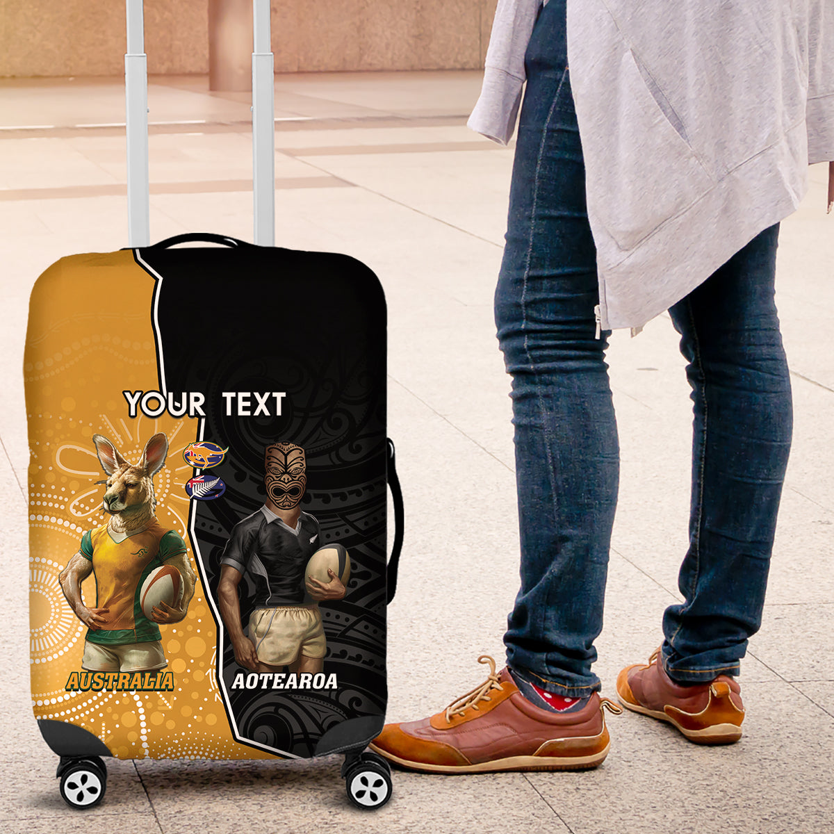 Personalised New Zealand And Australia Rugby Luggage Cover 2024 All Black Wallabies Mascots Together