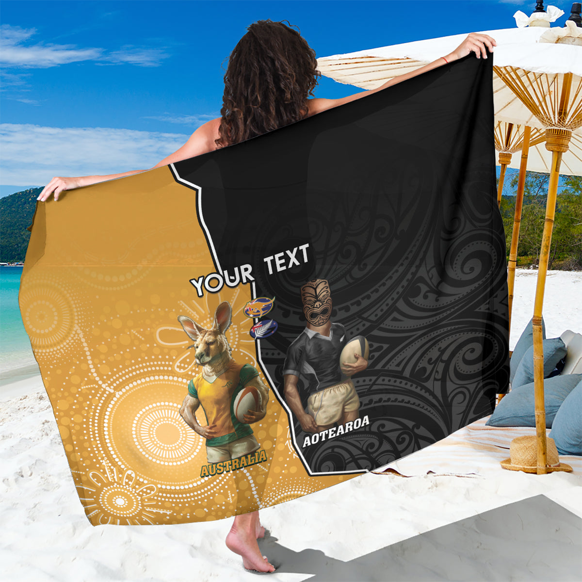 Personalised New Zealand And Australia Rugby Sarong 2024 All Black Wallabies Mascots Together