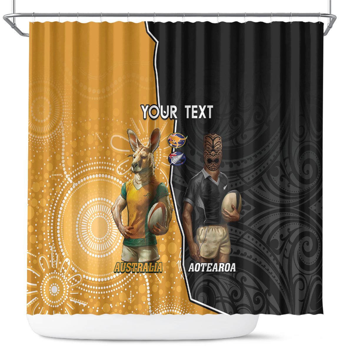 Personalised New Zealand And Australia Rugby Shower Curtain 2024 All Black Wallabies Mascots Together