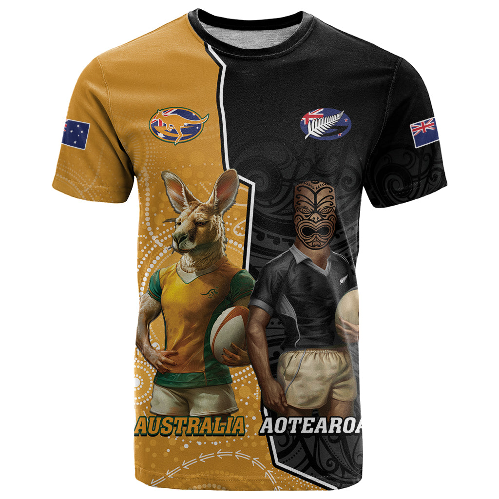 Personalised New Zealand And Australia Rugby T Shirt 2024 All Black Wallabies Mascots Together