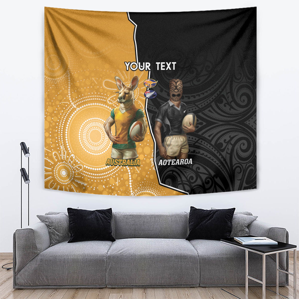 Personalised New Zealand And Australia Rugby Tapestry 2024 All Black Wallabies Mascots Together