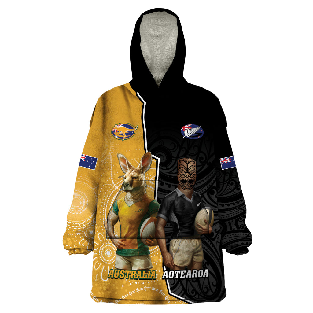 Personalised New Zealand And Australia Rugby Wearable Blanket Hoodie 2024 All Black Wallabies Mascots Together