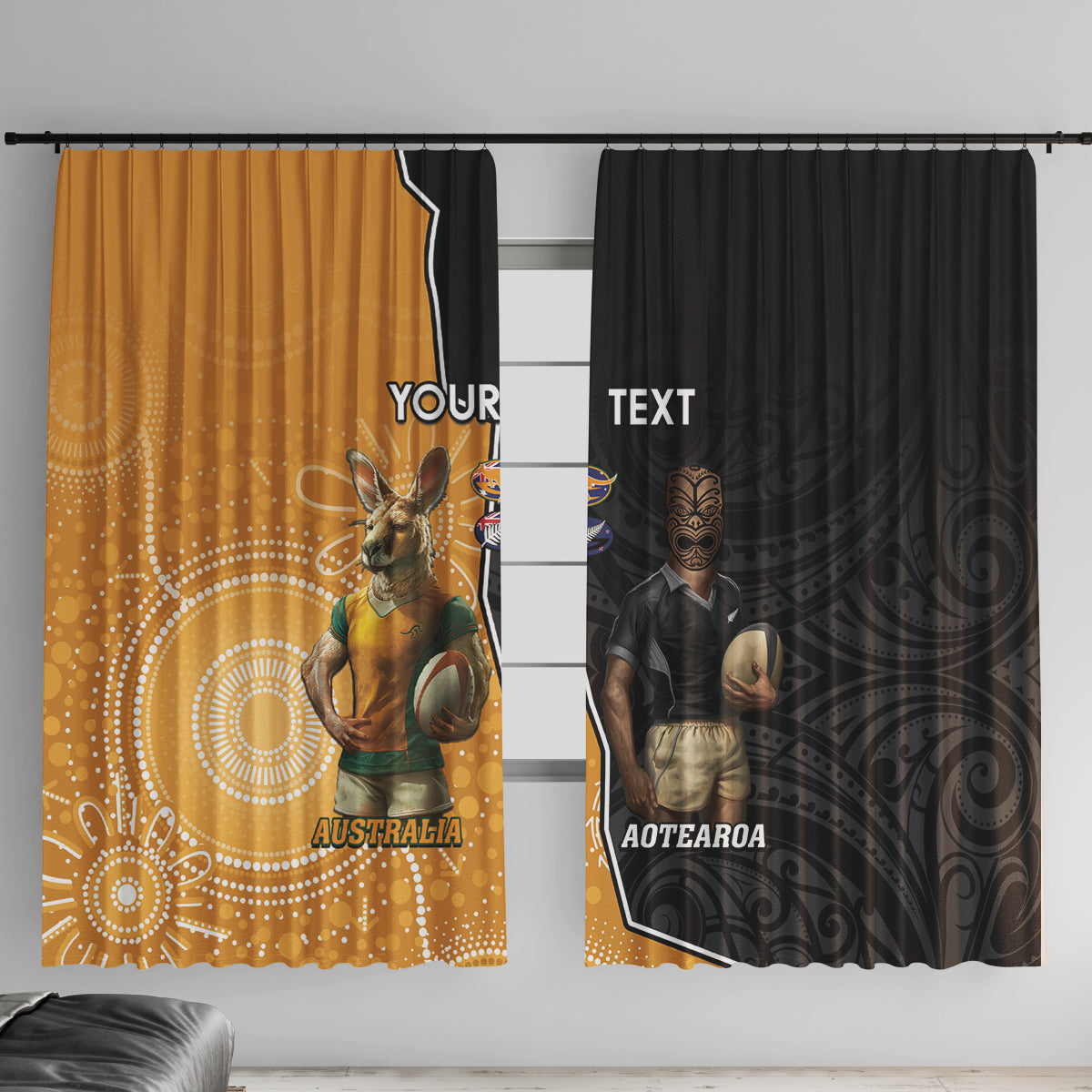 Personalised New Zealand And Australia Rugby Window Curtain 2024 All Black Wallabies Mascots Together