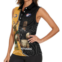 Personalised New Zealand And Australia Rugby Women Sleeveless Polo Shirt 2024 All Black Wallabies Mascots Together