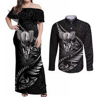 Personalised All Black New Zealand Darts Couples Matching Off Shoulder Maxi Dress and Long Sleeve Button Shirt Aoteroa Fern Maori Galaxy Style