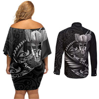 Personalised All Black New Zealand Darts Couples Matching Off Shoulder Short Dress and Long Sleeve Button Shirt Aoteroa Fern Maori Galaxy Style