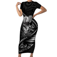 Personalised All Black New Zealand Darts Short Sleeve Bodycon Dress Aoteroa Fern Maori Galaxy Style