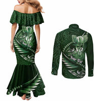 Personalised All Green New Zealand Darts Couples Matching Mermaid Dress and Long Sleeve Button Shirt Aoteroa Fern Maori Galaxy Style