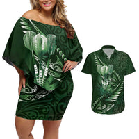 Personalised All Green New Zealand Darts Couples Matching Off Shoulder Short Dress and Hawaiian Shirt Aoteroa Fern Maori Galaxy Style