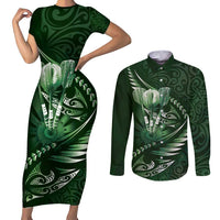 Personalised All Green New Zealand Darts Couples Matching Short Sleeve Bodycon Dress and Long Sleeve Button Shirt Aoteroa Fern Maori Galaxy Style
