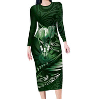 Personalised All Green New Zealand Darts Family Matching Long Sleeve Bodycon Dress and Hawaiian Shirt Aoteroa Fern Maori Galaxy Style