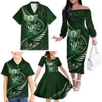 Personalised All Green New Zealand Darts Family Matching Off The Shoulder Long Sleeve Dress and Hawaiian Shirt Aoteroa Fern Maori Galaxy Style