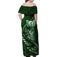Personalised All Green New Zealand Darts Family Matching Off Shoulder Maxi Dress and Hawaiian Shirt Aoteroa Fern Maori Galaxy Style