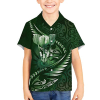 Personalised All Green New Zealand Darts Family Matching Off Shoulder Short Dress and Hawaiian Shirt Aoteroa Fern Maori Galaxy Style