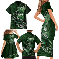 Personalised All Green New Zealand Darts Family Matching Short Sleeve Bodycon Dress and Hawaiian Shirt Aoteroa Fern Maori Galaxy Style