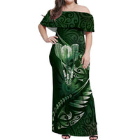 Personalised All Green New Zealand Darts Off Shoulder Maxi Dress Aoteroa Fern Maori Galaxy Style