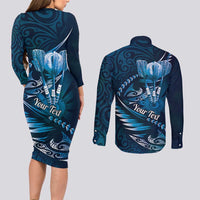 Personalised All Blue New Zealand Darts Couples Matching Long Sleeve Bodycon Dress and Long Sleeve Button Shirt Aoteroa Fern Maori Galaxy Style