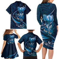 Personalised All Blue New Zealand Darts Family Matching Long Sleeve Bodycon Dress and Hawaiian Shirt Aoteroa Fern Maori Galaxy Style