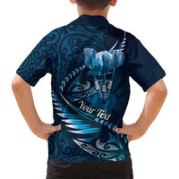 Personalised All Blue New Zealand Darts Family Matching Off Shoulder Short Dress and Hawaiian Shirt Aoteroa Fern Maori Galaxy Style